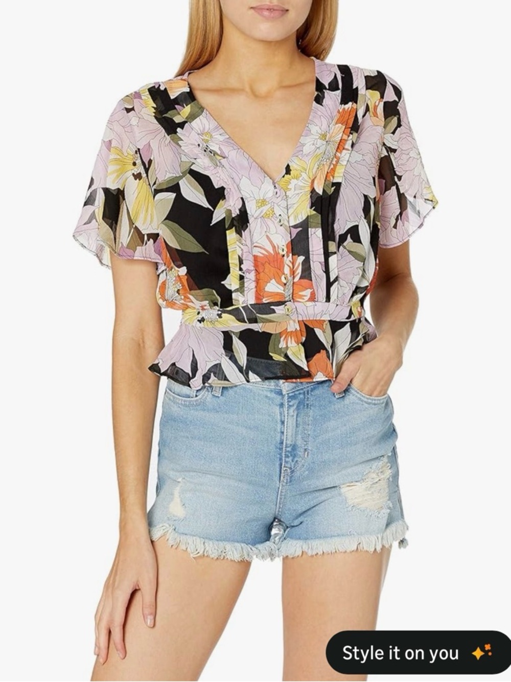 Guess Floral Peplum V-Neck Top - Black Multi